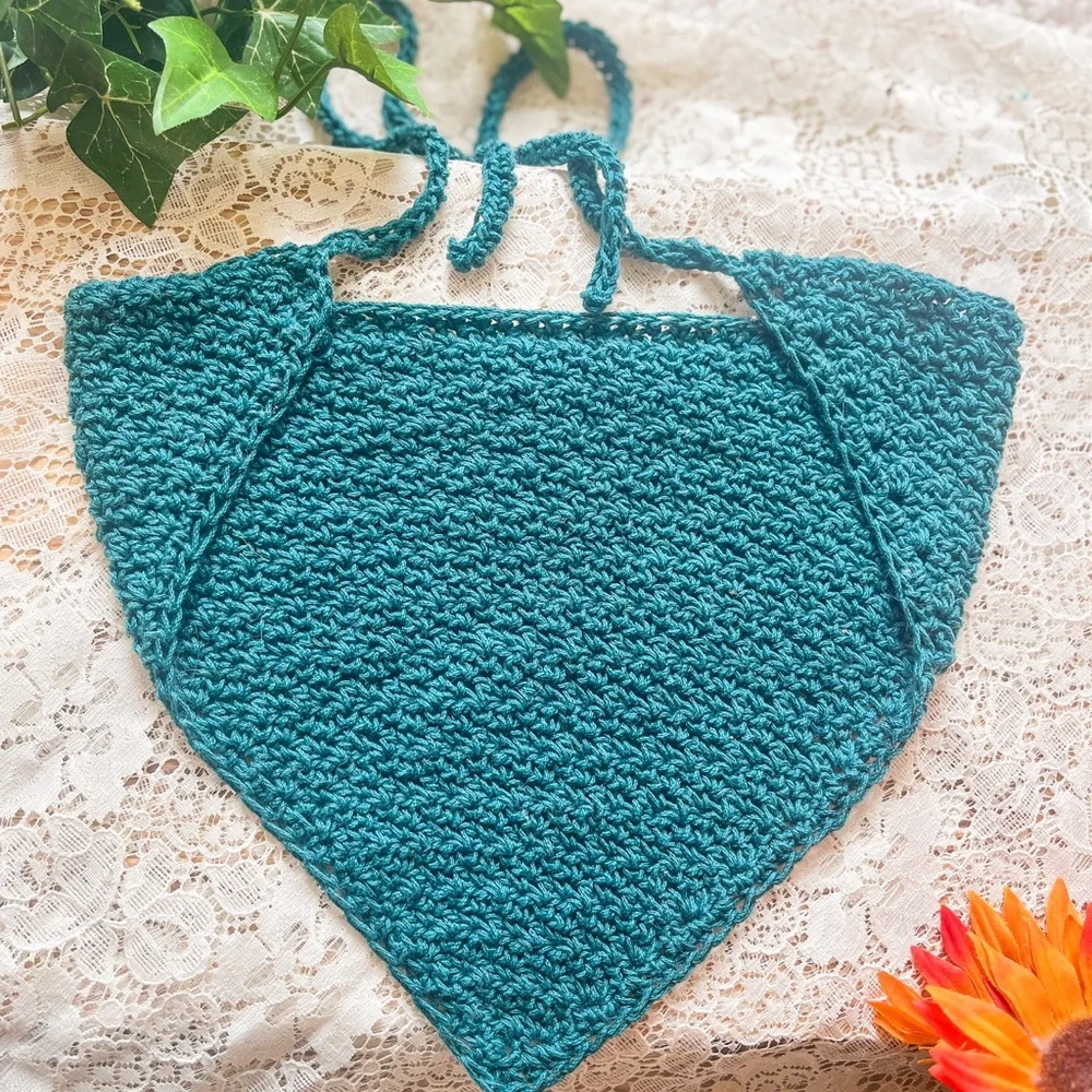 Handmade Cottagecore Teal Blue Crochet Bandana Hair Kerchief